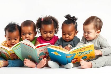 Bebeluși citind cărți colorate pentru dezvoltarea lor timpurie.