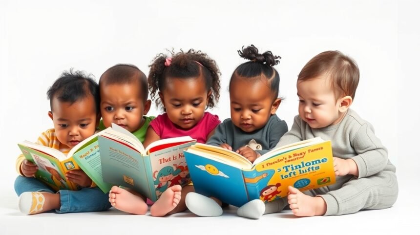 Bebeluși citind cărți colorate pentru dezvoltarea lor timpurie.
