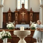 Mame cu bebeluș la botez într-o biserică frumos decorată.