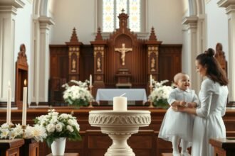 Mame cu bebeluș la botez într-o biserică frumos decorată.