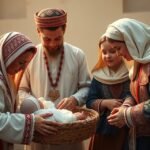 Familie românească tradițională la nuntă cu un nou-născut.