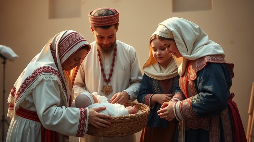 Familie românească tradițională la nuntă cu un nou-născut.