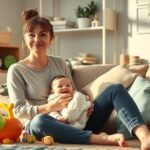 Mamă jucându-se cu bebelușul în cameră confortabilă.