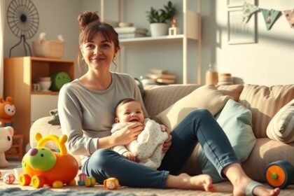 Mamă jucându-se cu bebelușul în cameră confortabilă.