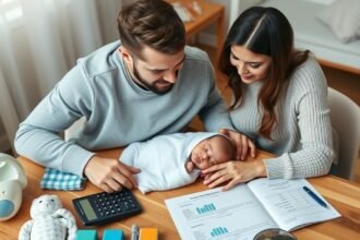 Părinți discutând bugetul pentru primul an de viață al bebelușului