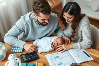 Părinți discutând bugetul pentru primul an de viață al bebelușului