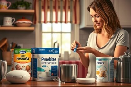 Femeie pregătind formula de lapte pentru bebeluși în bucătărie