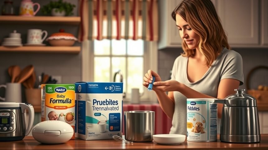 Femeie pregătind formula de lapte pentru bebeluși în bucătărie