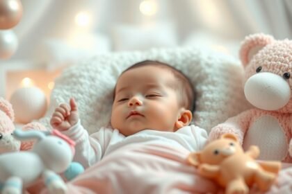 Bebeluș adormit într-un ambient liniștit cu jucării moi