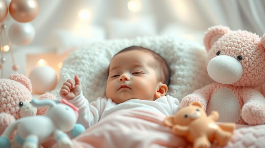 Bebeluș adormit într-un ambient liniștit cu jucării moi