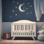 Cameră de bebe decorată cu lună și stele pentru o rutină de seară liniștitoare.