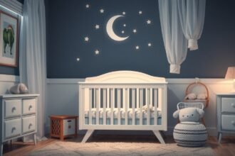 Cameră de bebe decorată cu lună și stele pentru o rutină de seară liniștitoare.