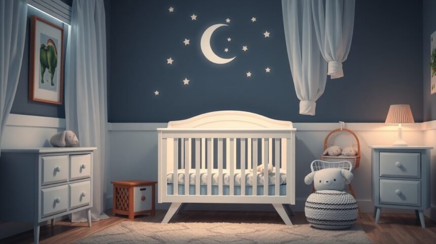 Cameră de bebe decorată cu lună și stele pentru o rutină de seară liniștitoare.