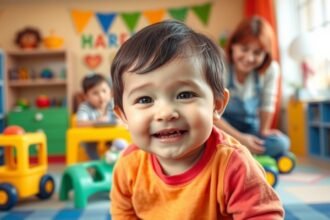 Băiat zâmbitor într-o creșă colorată, înconjurat de jucării.