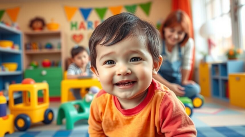 Băiat zâmbitor într-o creșă colorată, înconjurat de jucării.