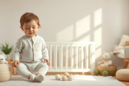 Bebeluș îmbrăcat în bumbac organic, în cameră luminoasă