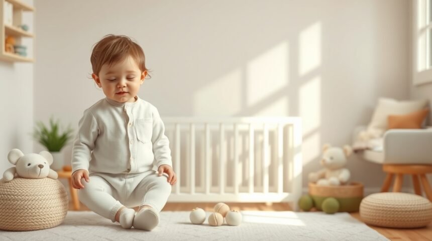 Haine esențiale din bumbac organic pentru pielea sensibilă a micuților 1 Bebeluș îmbrăcat în bumbac organic, în cameră luminoasă