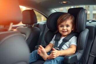 Toddler sitting in a rear-facing car seat, smiling and secure