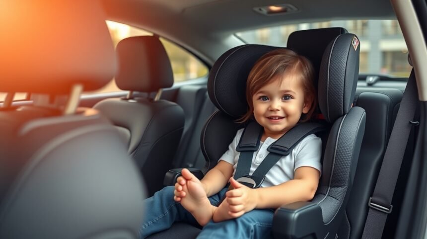 Toddler sitting in a rear-facing car seat, smiling and secure