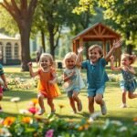 Copii jucându-se în aer liber, bucurându-se de natură și activitate fizică.