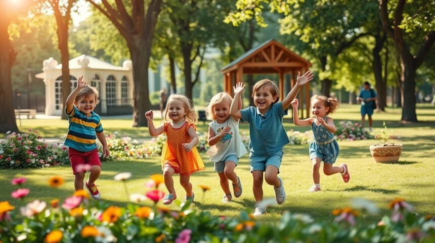 Copii jucându-se în aer liber, bucurându-se de natură și activitate fizică.