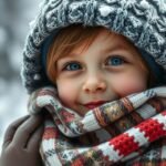 Copil îmbrăcat pentru iarna, cu căciulă și fular în zăpadă.