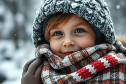 Copil îmbrăcat pentru iarna, cu căciulă și fular în zăpadă.