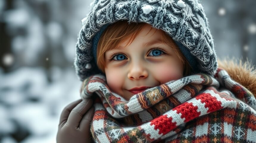Copil îmbrăcat pentru iarna, cu căciulă și fular în zăpadă.