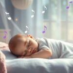 Bebeluș adormit cu note muzicale în jurul lui