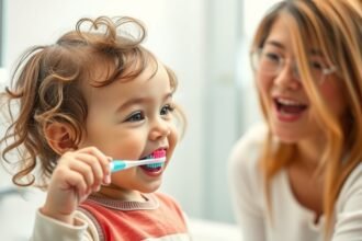 Toddler brushing teeth with adult supervision for healthy dental hygiene.