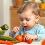 Bebeluș explorând alimente sănătoase la masă
