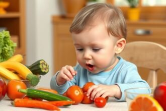 Bebeluș explorând alimente sănătoase la masă