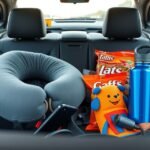 Accesorii pentru o călătorie lungă cu mașina, inclusiv pernă și gustări