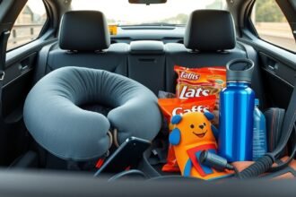 Accesorii pentru o călătorie lungă cu mașina, inclusiv pernă și gustări