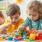 Copii explorând activități senzoriale cu jucării colorate