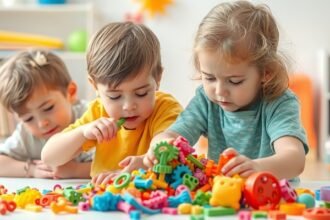 Copii explorând activități senzoriale cu jucării colorate