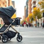 Cărucior sport modern pe o stradă urbană, ideal pentru oraș și vacanțe.