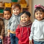 Grup de copii purtând haine confortabile și durabile pentru grădiniță