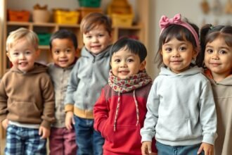 Grup de copii purtând haine confortabile și durabile pentru grădiniță