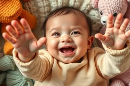 Bebeluș zâmbind și întinzând mâinile, simbolizând iubirea