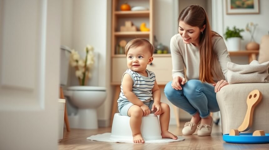 Băiat mic pe oliță cu mama lui, învățând să folosească toaleta.