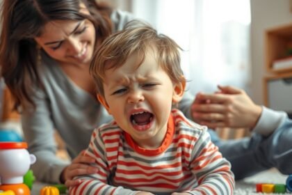 Copil mic în criză de furie, alături de un adult care îl susține.