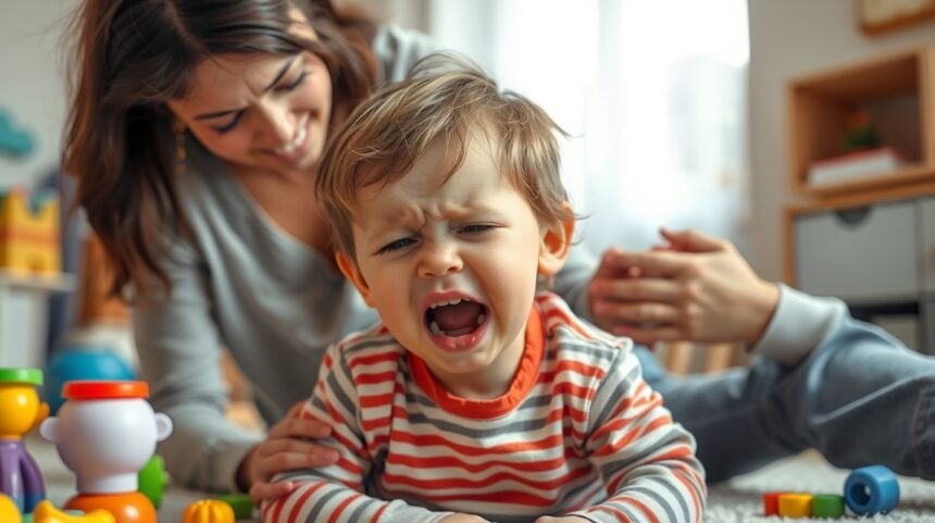 Copil mic în criză de furie, alături de un adult care îl susține.