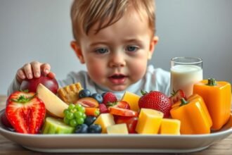 Copil mic explorând un platou cu fructe și legume proaspete