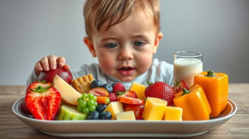 Copil mic explorând un platou cu fructe și legume proaspete