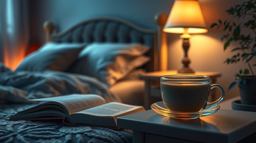 Un ceai cald pe noptieră lângă o carte, pregătind pentru somn.