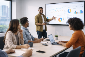 Prezentare de grup în birou cu grafice și date de analiză.