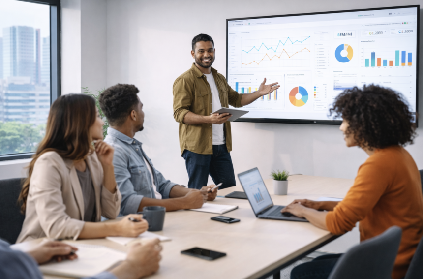 Prezentare de grup în birou cu grafice și date de analiză.