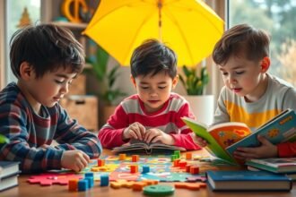 Trei copii se joacă cu jocuri educative indoor sub un umbrelă galbenă.