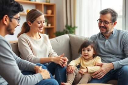 Familie discutând despre limite sănătoase și comunicare eficientă.